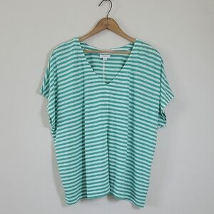 J Jill Green White Striped Linen Blend Vneck Tee Size Large Petite LP